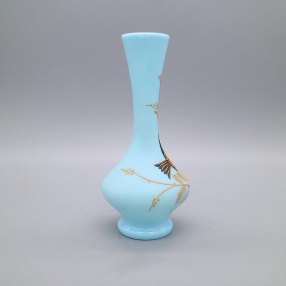 Antique Victorian Blue Bristol Glass Vase with Hand Painted Bird and Floral - Picture 5 of 9